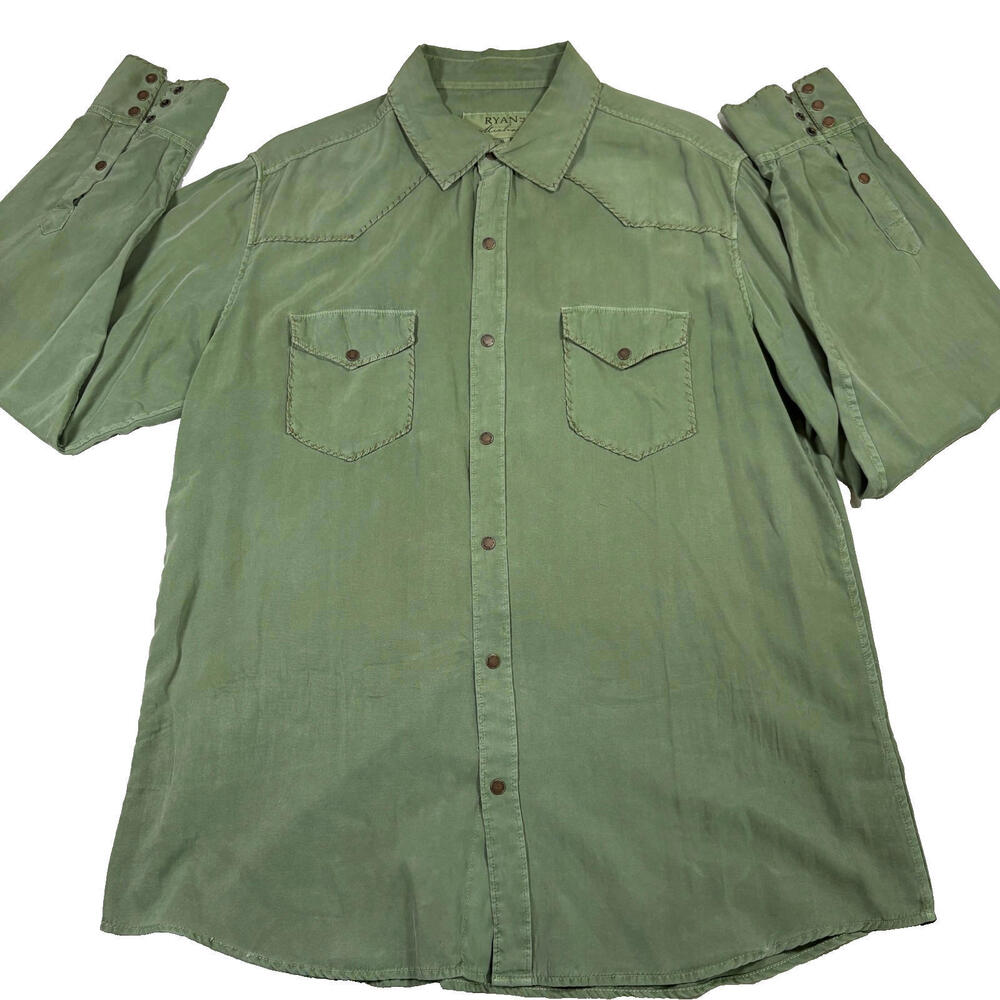 Ryan Michael mens western shirt XL green snap button silk cotton vintage y2k